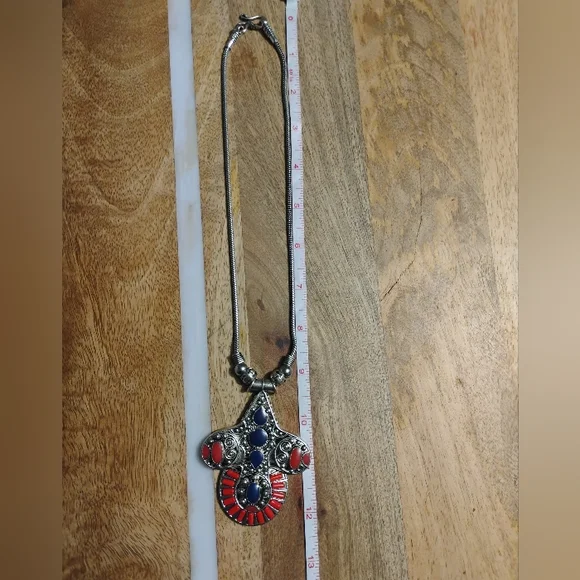 Silver Pendant Necklace with Blue & Coral Red Accents NEW - Picture 7 of 14